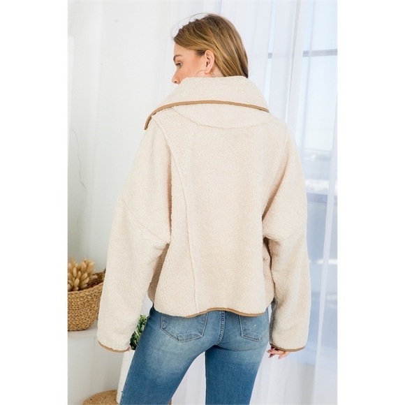 CREAM CONTRAST SHEARLING STYLE OVERSIZED ZIP UP PULLOVER SWEATER - Picture 5 of 12